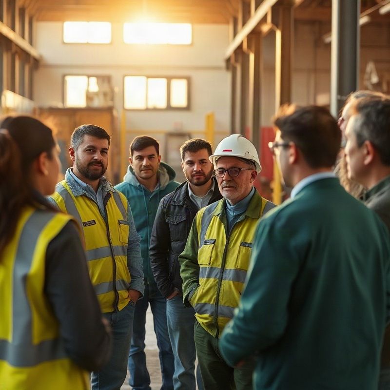 Grupo diverso de trabajadores en una reunión matinal en un depósito en Uruguay