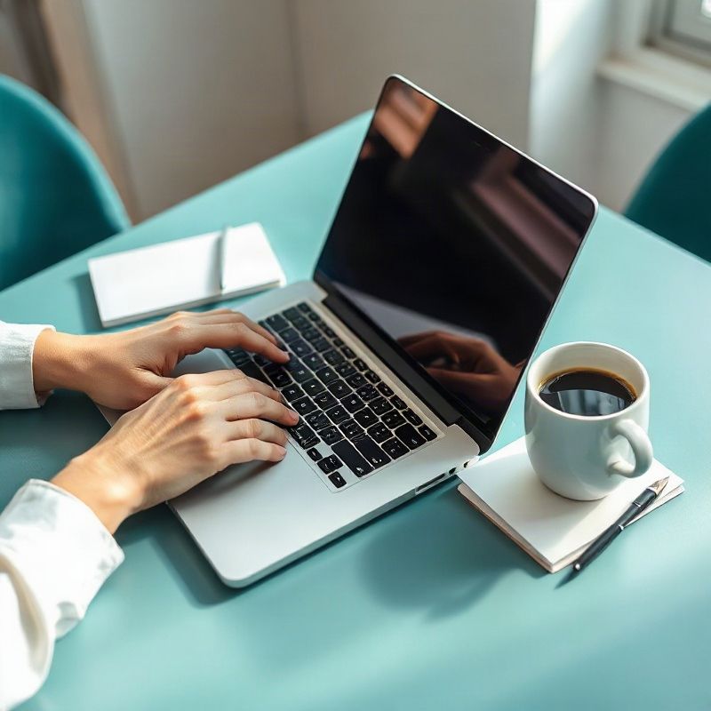 Manos escribiendo en una laptop sobre un escritorio minimalista