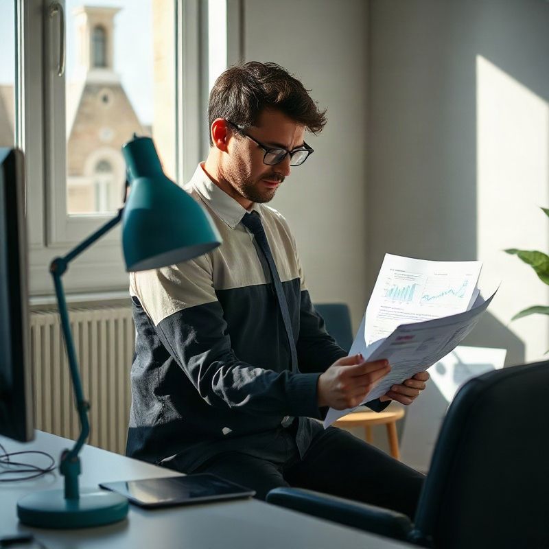 Periodista revisando informes económicos impresos en una redacción